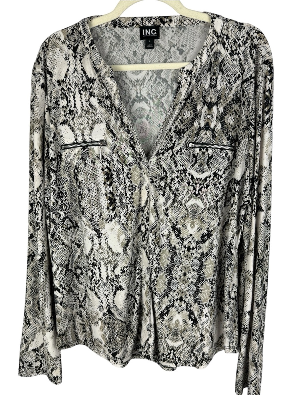 INC International Concepts Snakeskin Print Long Sleeve Blouse Zipper Detail L